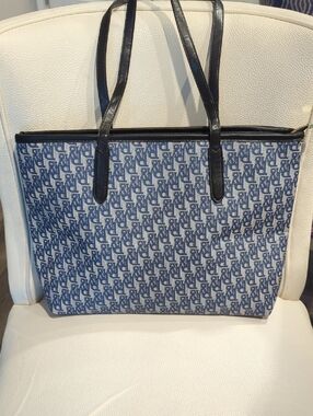 Blue Patterned Tote Bag with Black Trim